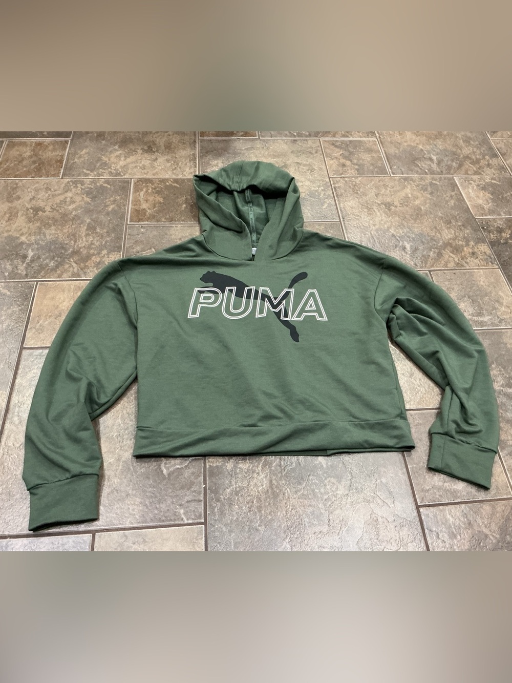 🥵 Puma Olive Green Crop Hoodie with Black and White Logo
